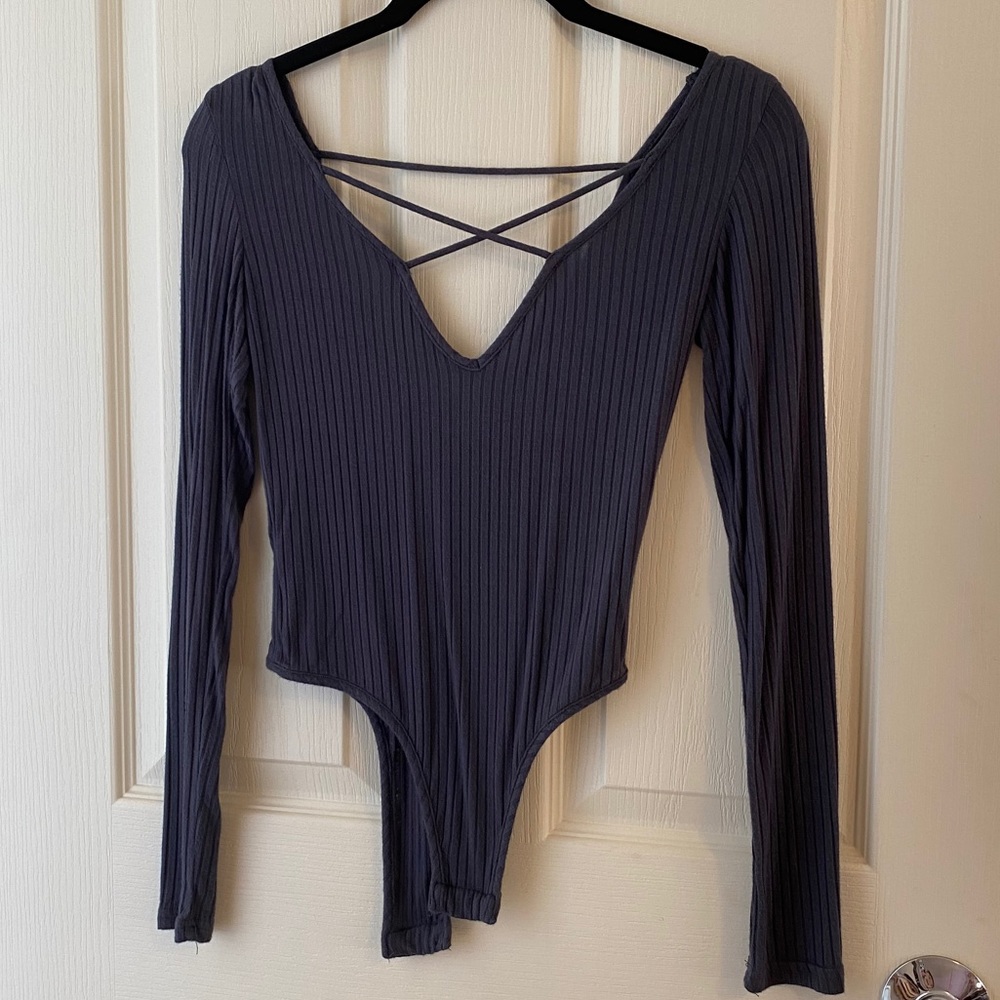 Gray/blue cross front long sleeve bodysuit